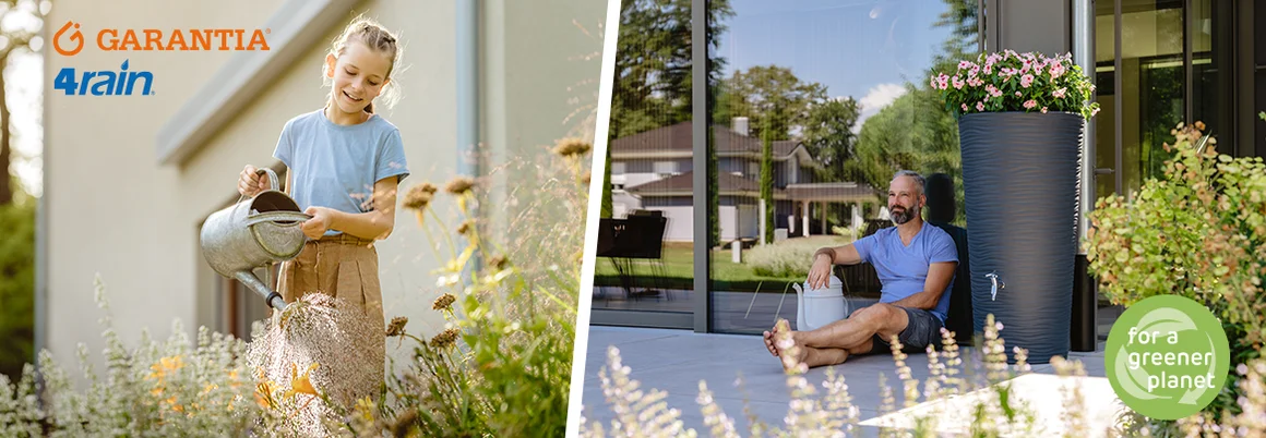 Ein Kind gießt Pflanzen und eine Person sitzt auf dem Terrassenboden